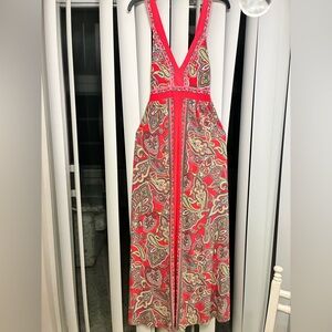INC Red and Cream Paisley Maxi Dress Women L Racerback V neck